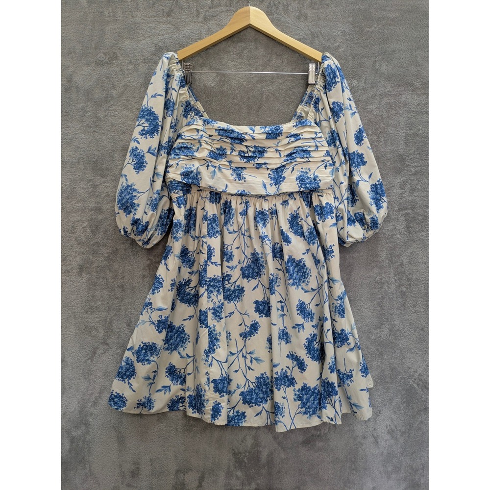 Cottagecore Mini Dress Abercrombie & Fitch XLT Blue Floral Puff Sleeve Smocked